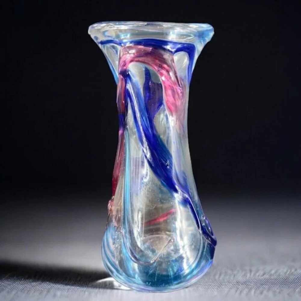 1997 Hand Blown Studio Art Glass Vase Artist Signed JENN Multicolor Threads VTG
